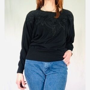 80’s Vintage ‘Raoul’ Monochrome Black Floral Beaded Sweatshirt